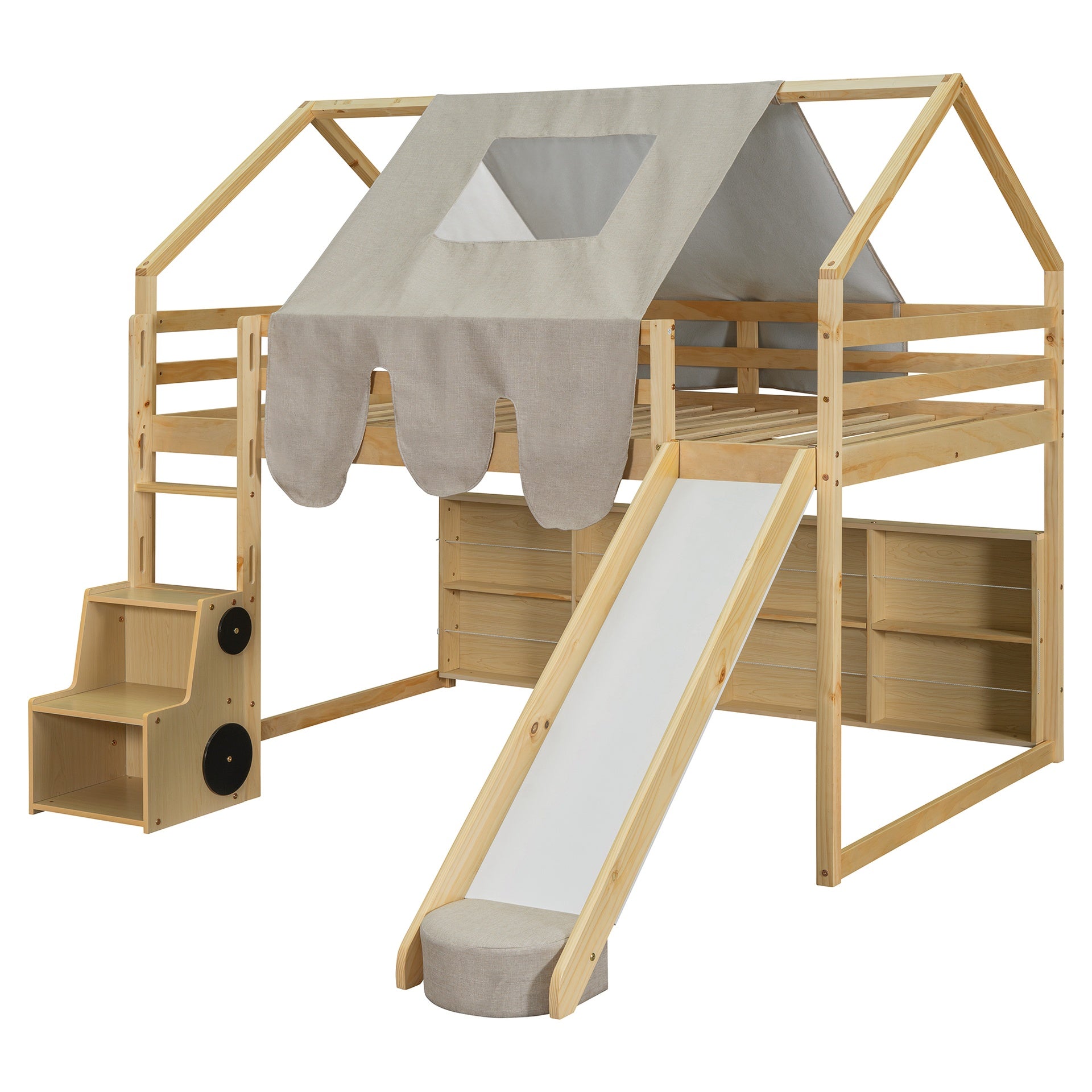 Full size Wooden Loft Bed House-shaped Frame with a Tent, Natural+Beige