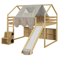 Full size Wooden Loft Bed House-shaped Frame with a Tent, Natural+Beige
