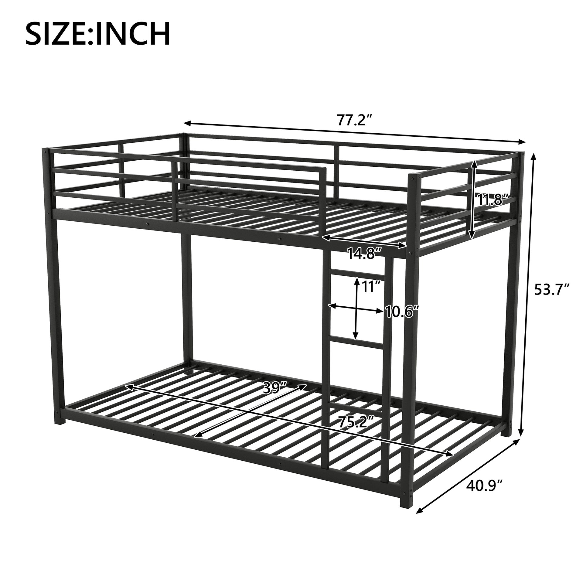 Twin over Twin Metal Bunk Bed, Low Bunk Bed with Ladder, Black