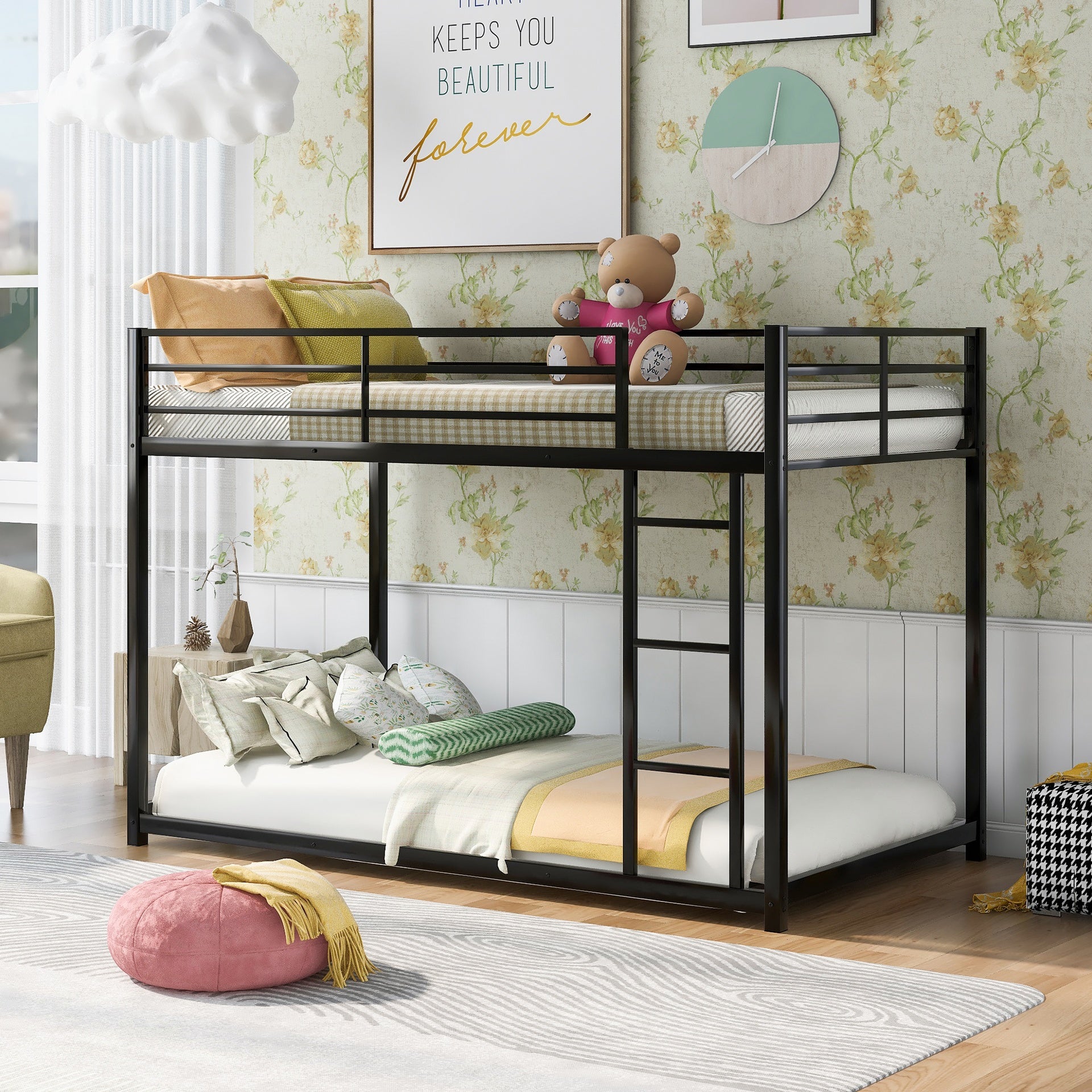 Twin over Twin Metal Bunk Bed, Low Bunk Bed with Ladder, Black