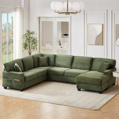 Sectional Sofa U-shaped Sectional 125.2" Upholstered L-shaped Sofa with a Movable Ottoman and Side Storage Pockets for Living Room, Green