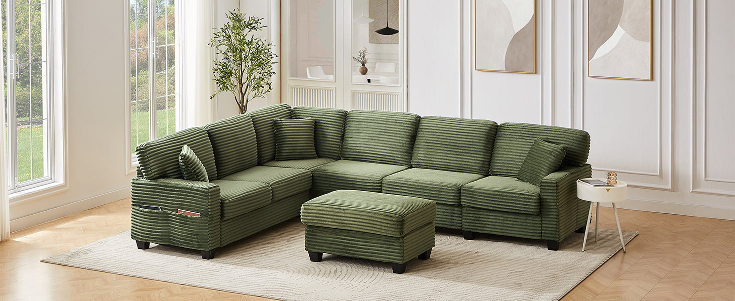 Sectional Sofa U-shaped Sectional 125.2" Upholstered L-shaped Sofa with a Movable Ottoman and Side Storage Pockets for Living Room, Green