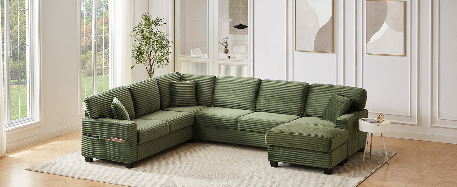 Sectional Sofa U-shaped Sectional 125.2" Upholstered L-shaped Sofa with a Movable Ottoman and Side Storage Pockets for Living Room, Green