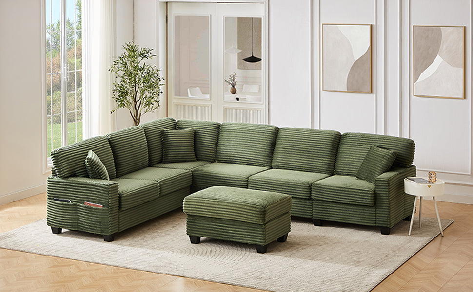 Sectional Sofa U-shaped Sectional 125.2" Upholstered L-shaped Sofa with a Movable Ottoman and Side Storage Pockets for Living Room, Green