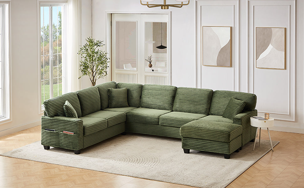 Sectional Sofa U-shaped Sectional 125.2" Upholstered L-shaped Sofa with a Movable Ottoman and Side Storage Pockets for Living Room, Green