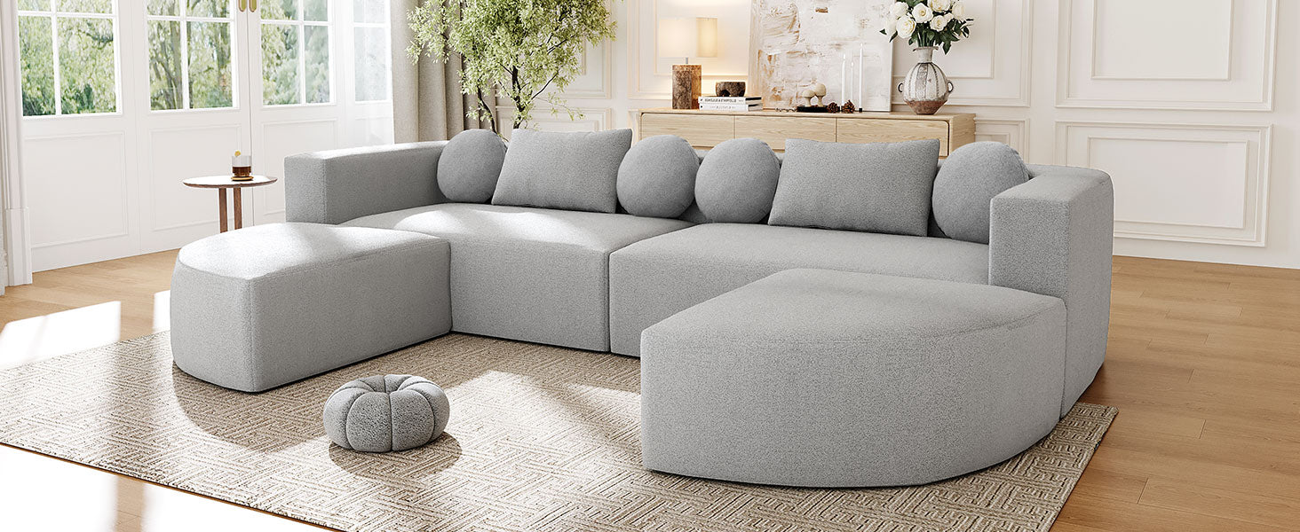 Boneless Couch Modular Sectional Sofa 114.9" Free-combined Sofa Couch Sofa Bed Compression Sofa with Deep Seating and Curved Design for Living Room, Grey