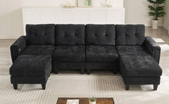 Modern Sectional Sofa 115" U-shaped Sofa Upholstered Sofa Couch with Two Movable Ottomans, USB Ports and Side Tables for Living Room, Black