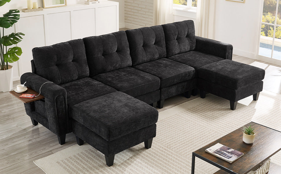 Modern Sectional Sofa 115" U-shaped Sofa Upholstered Sofa Couch with Two Movable Ottomans, USB Ports and Side Tables for Living Room, Black
