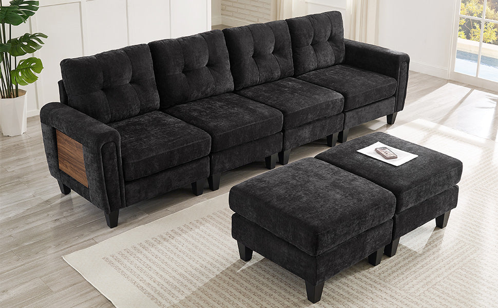 Modern Sectional Sofa 115" U-shaped Sofa Upholstered Sofa Couch with Two Movable Ottomans, USB Ports and Side Tables for Living Room, Black