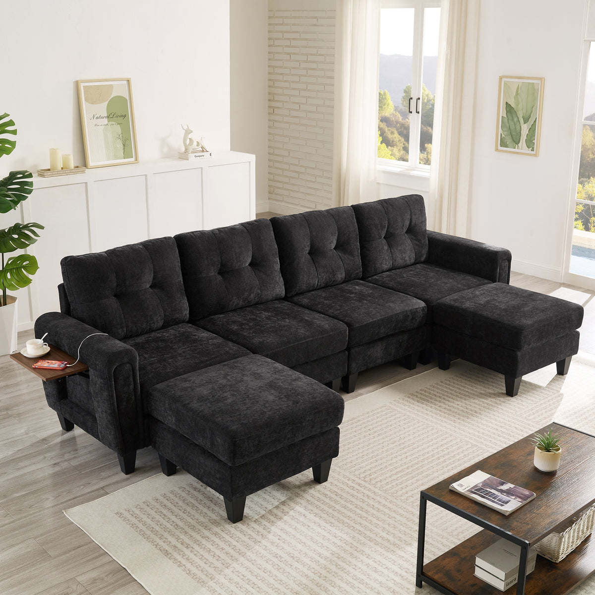 Modern Sectional Sofa 115" U-shaped Sofa Upholstered Sofa Couch with Two Movable Ottomans, USB Ports and Side Tables for Living Room, Black