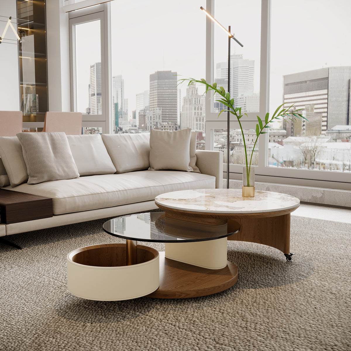 Round Coffee Table Set with Storage ,Rotating Wheels, Wooden Base