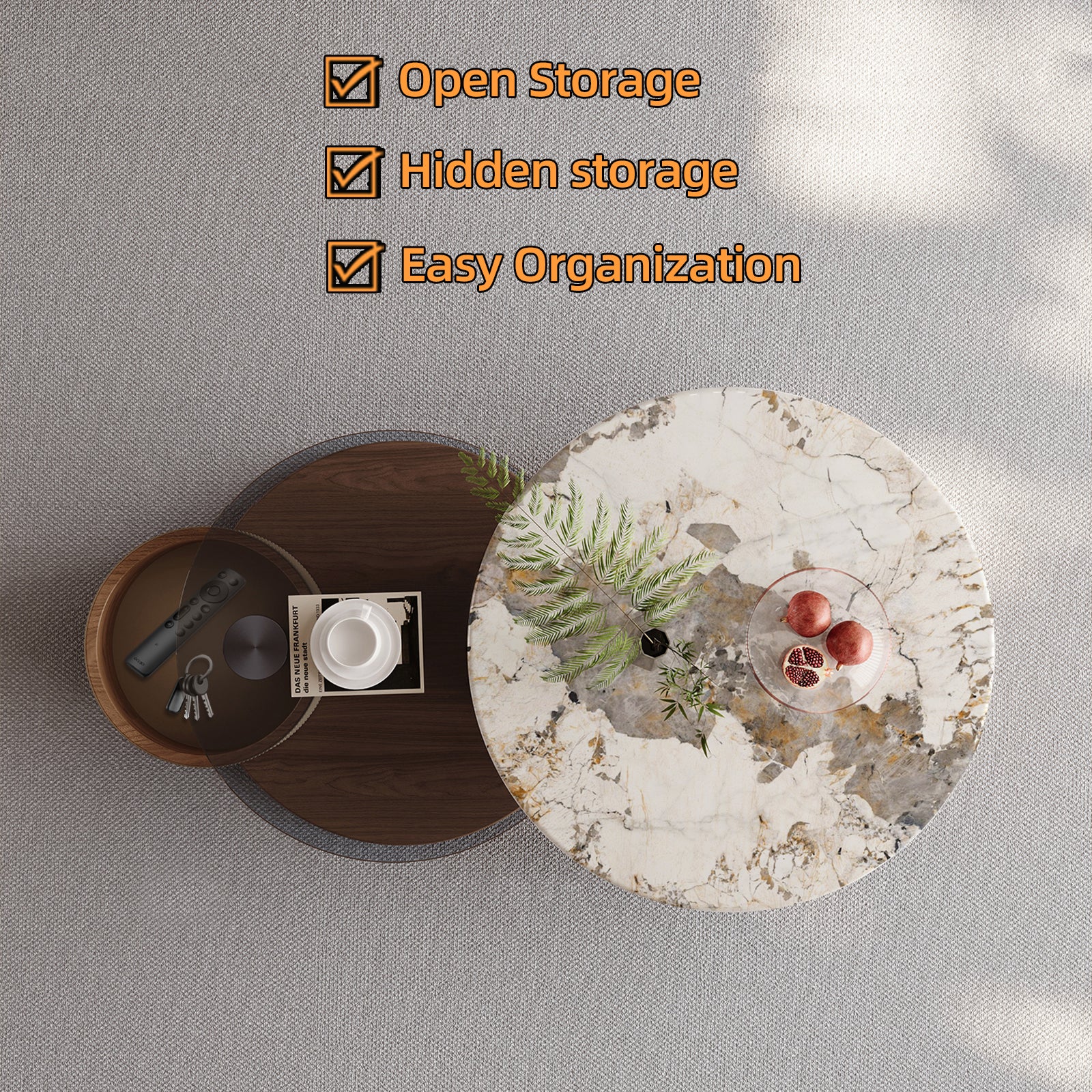 Round Coffee Table Set with Storage ,Rotating Wheels, Wooden Base