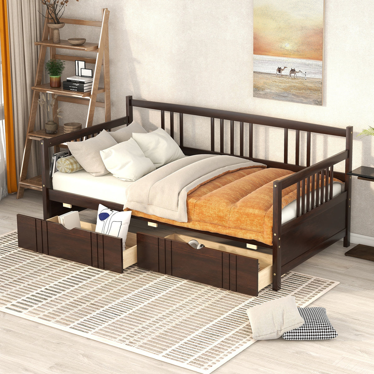 Twin Size Daybed Wood Bed with Two Drawers,Espresso