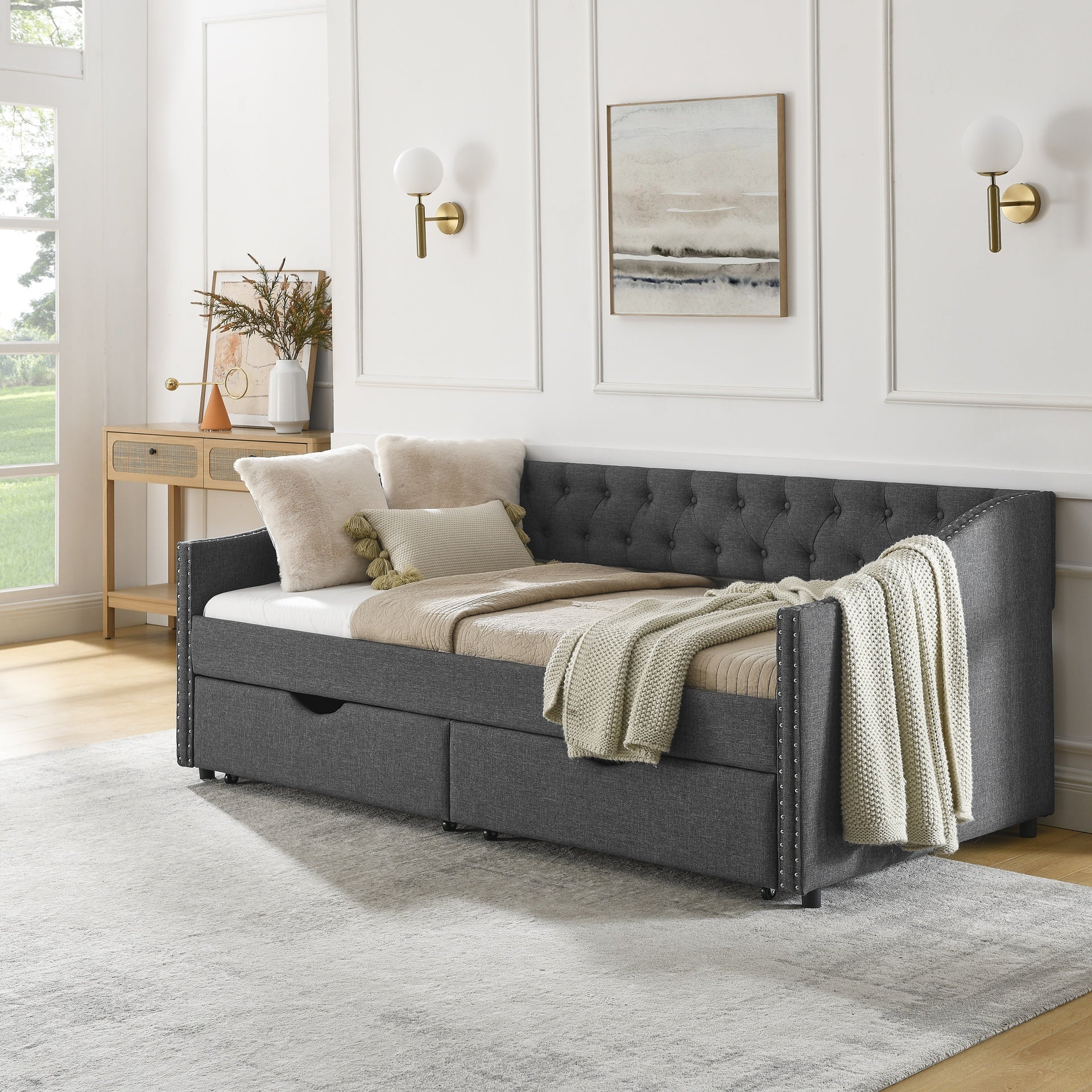 Twin Size Daybed with Drawers Upholstered Tufted Sofa Bed, with Button on Back and Copper Nail on Waved Shape Arms(81.5''x4''x30.5'')