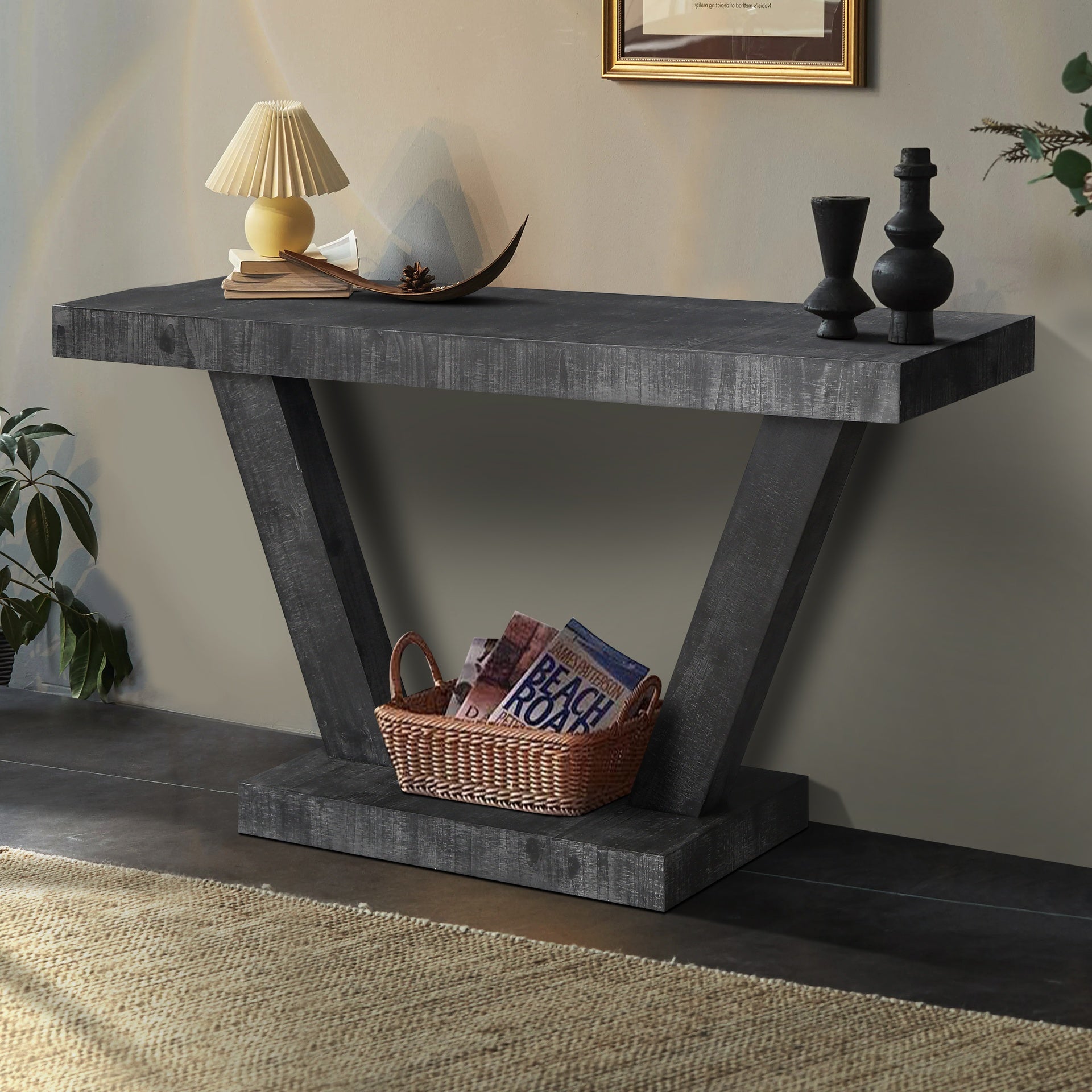 60 Inches Vintage Distressed Wood Entryway Bench with 2-Tier Solid Wood Veneer Storage Cabinet, Rustic Wide Design for Hallway, Living Room & Behind Sofa, Antique Black