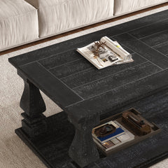 Weathered Black Farmhouse Coffee Table, Crafted with Heavy Planked Top & Square Baluster Legs,  47.24" Long Rustic Living Room 
Table with Storage Shelf