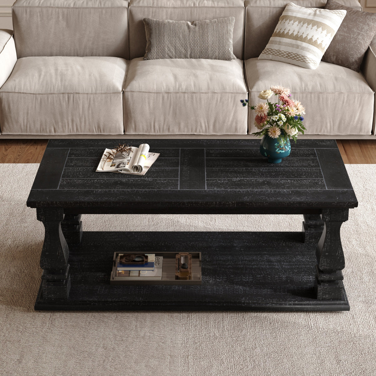 Weathered Black Farmhouse Coffee Table, Crafted with Heavy Planked Top & Square Baluster Legs,  47.24" Long Rustic Living Room 
Table with Storage Shelf