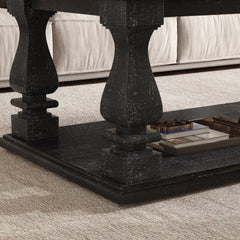 Weathered Black Farmhouse Coffee Table, Crafted with Heavy Planked Top & Square Baluster Legs,  47.24" Long Rustic Living Room 
Table with Storage Shelf