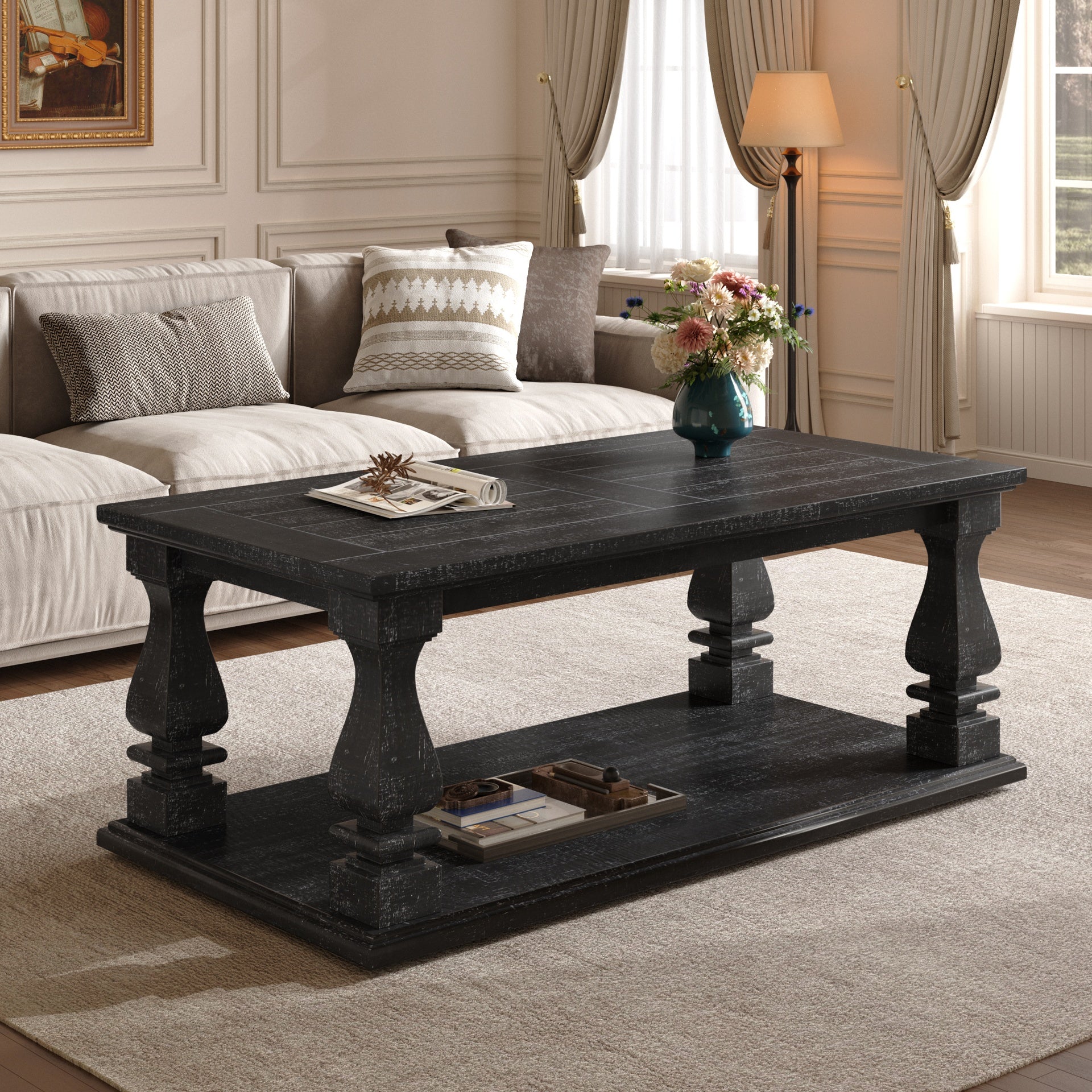 Weathered Black Farmhouse Coffee Table, Crafted with Heavy Planked Top & Square Baluster Legs,  47.24" Long Rustic Living Room 
Table with Storage Shelf