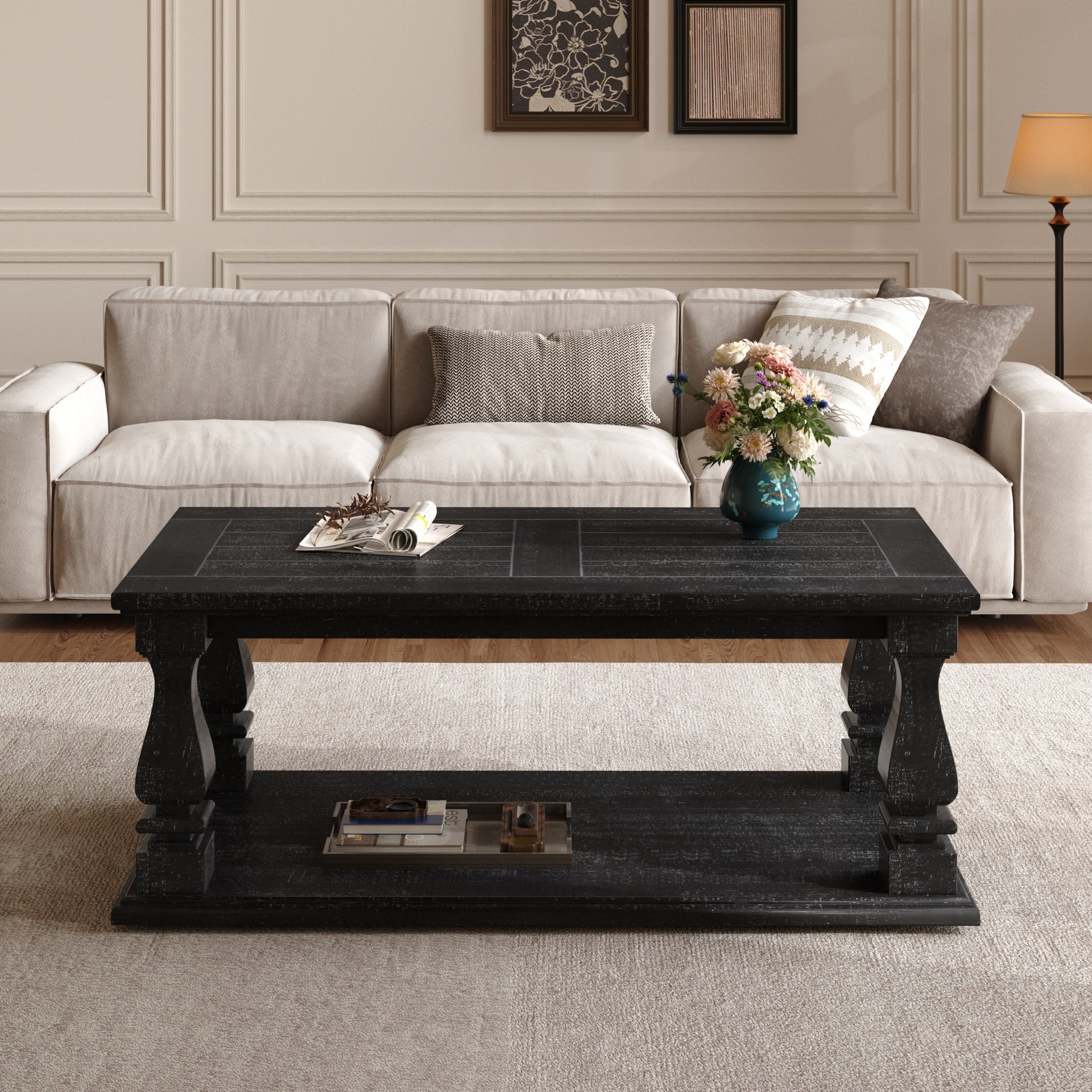 Weathered Black Farmhouse Coffee Table, Crafted with Heavy Planked Top & Square Baluster Legs,  47.24" Long Rustic Living Room 
Table with Storage Shelf