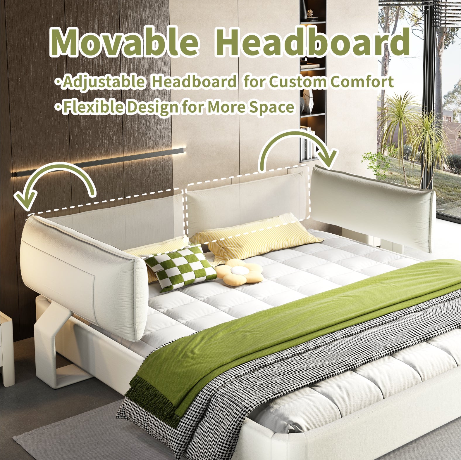 King Size Cloud Bed Frame with Oversized Padded Movable Headboard, Chenille Upholstered Bed with Round Corner,Metal + Solid Wooden Slat Double Support,No Box Spring Needed, Beige/White