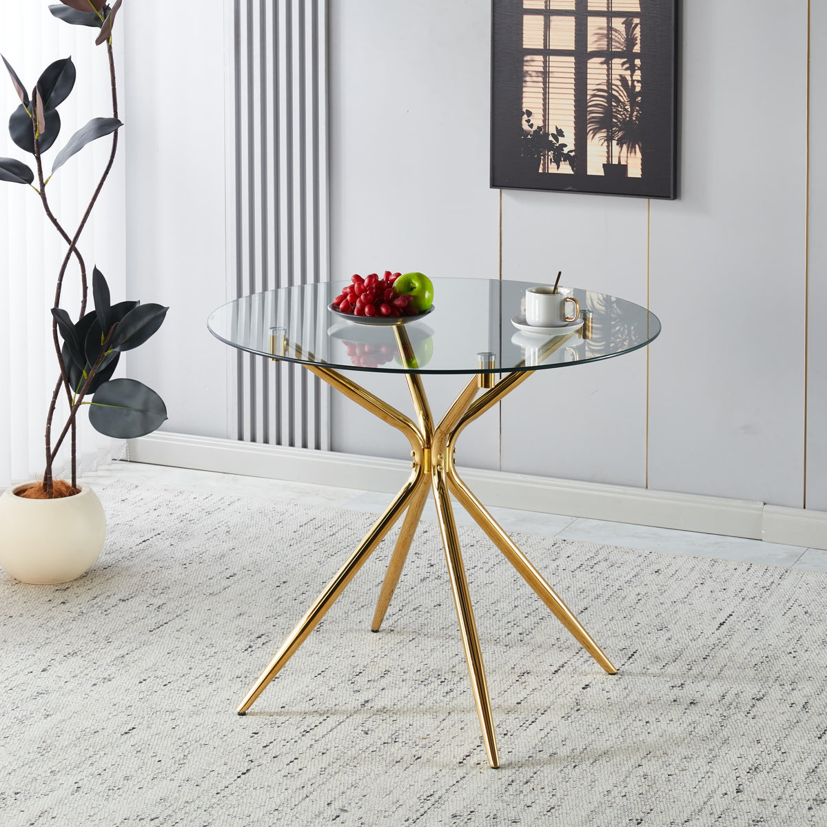 Dining Table with chrome metal leg and tempered glass,Modern Space Saving Kitchen Table for Living Room,chrome color metal legs