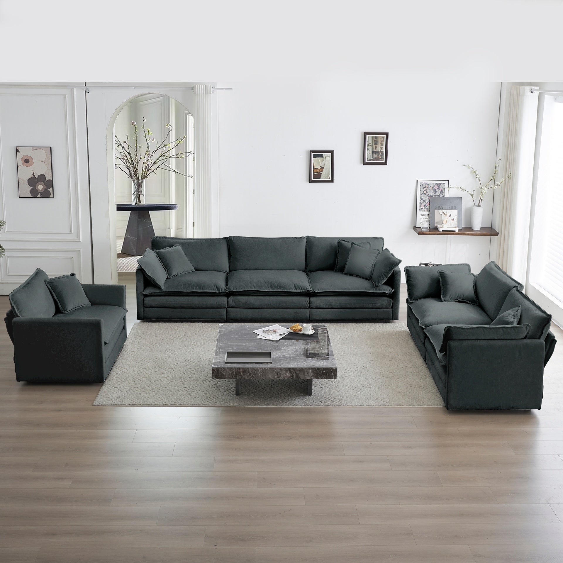 Modern Sofa Couch, 3 Piece Set Extra Deep Seat Sectional Sofa for Living Room, Oversized Sofa, 3 Seat Sofa, Loveseat and Single Sofa, Gray Chenille