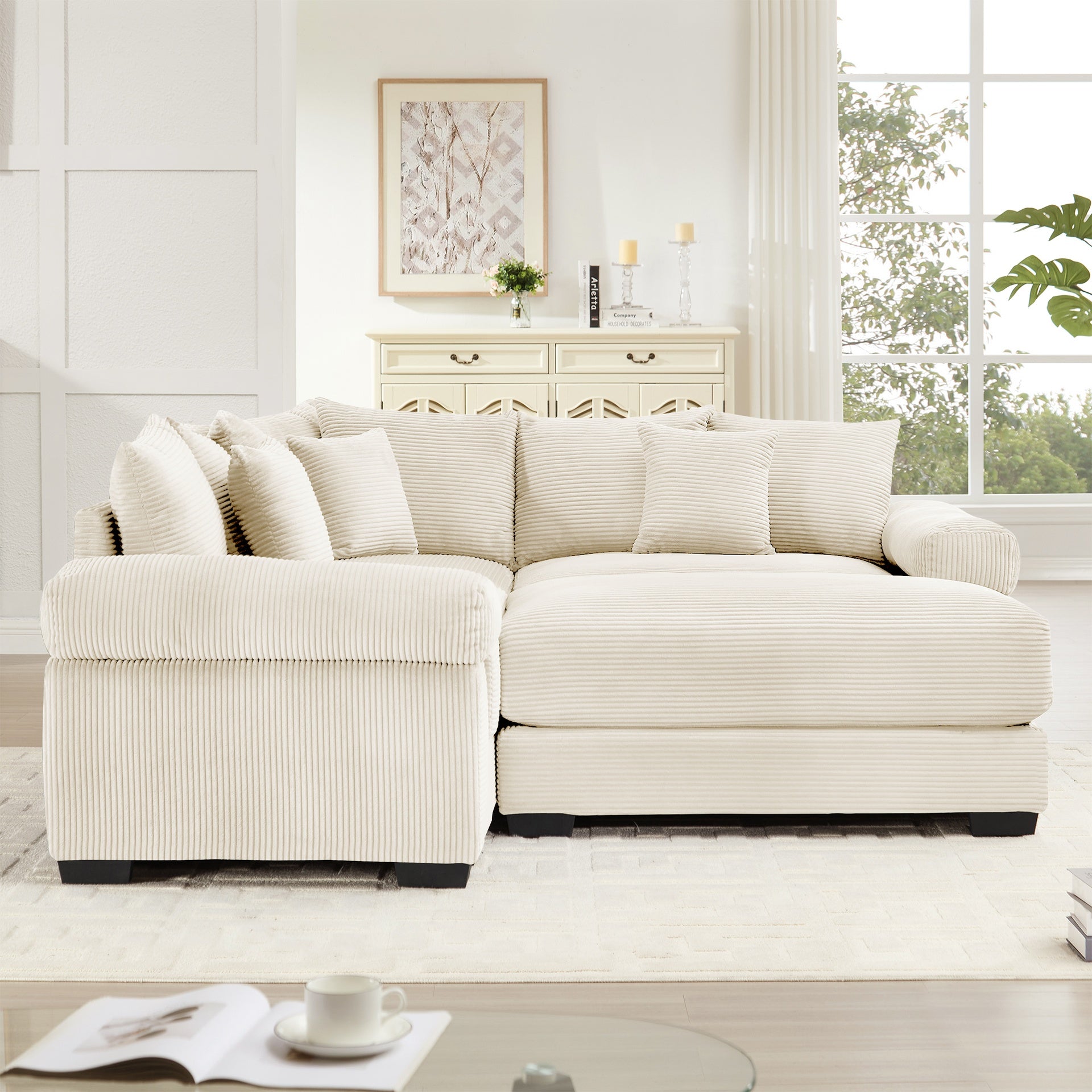 Oversized Cloud Modular Sectional Couch, Convertible Sectional Couches,Extra-Thick Armrests With An Ottoman,Soft Corduroy Fabric,Ergonomic Design, Easy Assembly,For Living Rooms Reading Rooms,Cream
