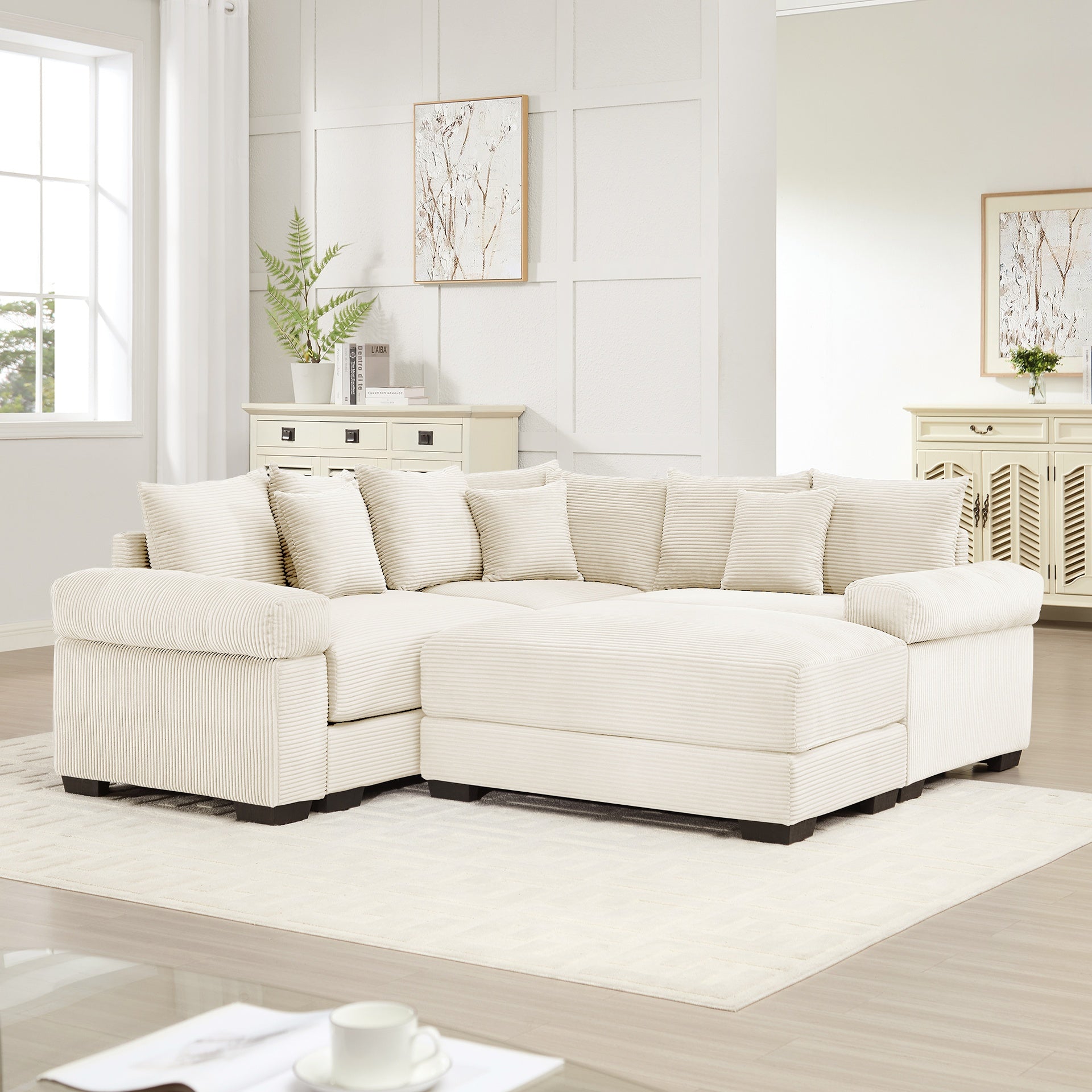 Oversized Cloud Modular Sectional Couch, Convertible Sectional Couches,Extra-Thick Armrests With An Ottoman,Soft Corduroy Fabric,Ergonomic Design, Easy Assembly,For Living Rooms Reading Rooms,Cream