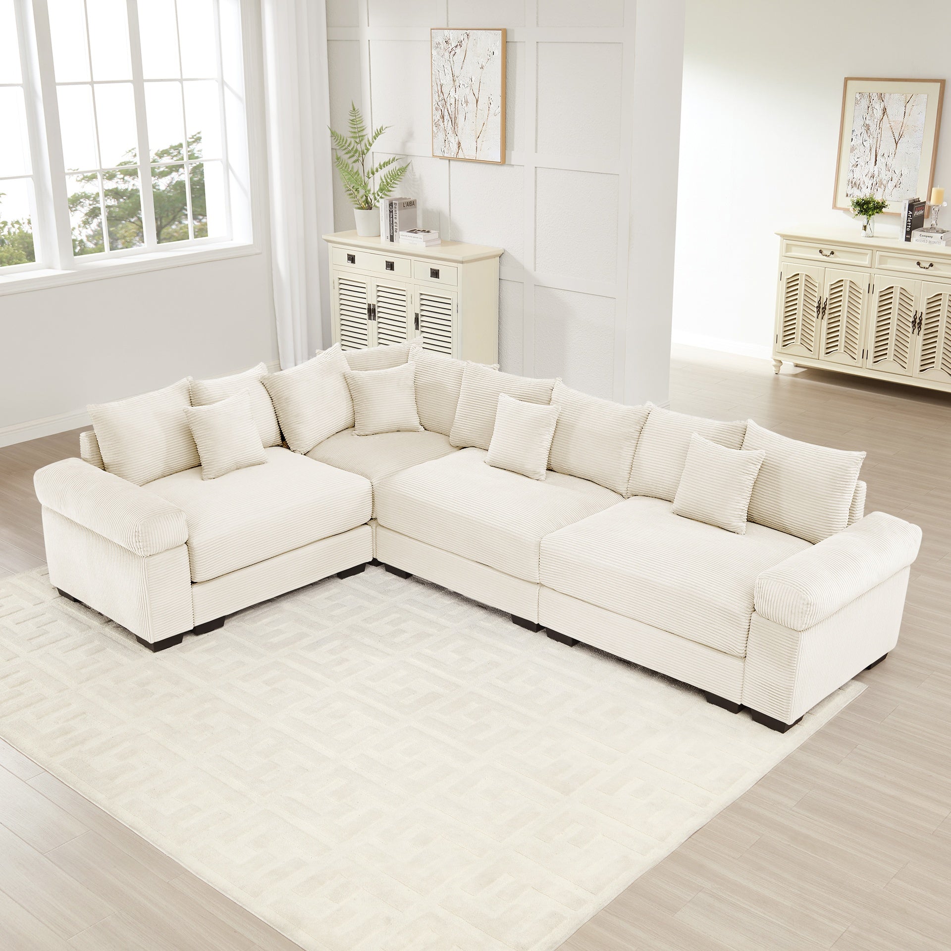 Oversized Cloud Modular Sectional Couch,Convertible Sectional Couches Deep Seat Extra-Wide Armrests,12 Throw Pillows Premium Corduroy Fabric, Ergonomic Design,Easy Assembly,For Living Rooms,Cream