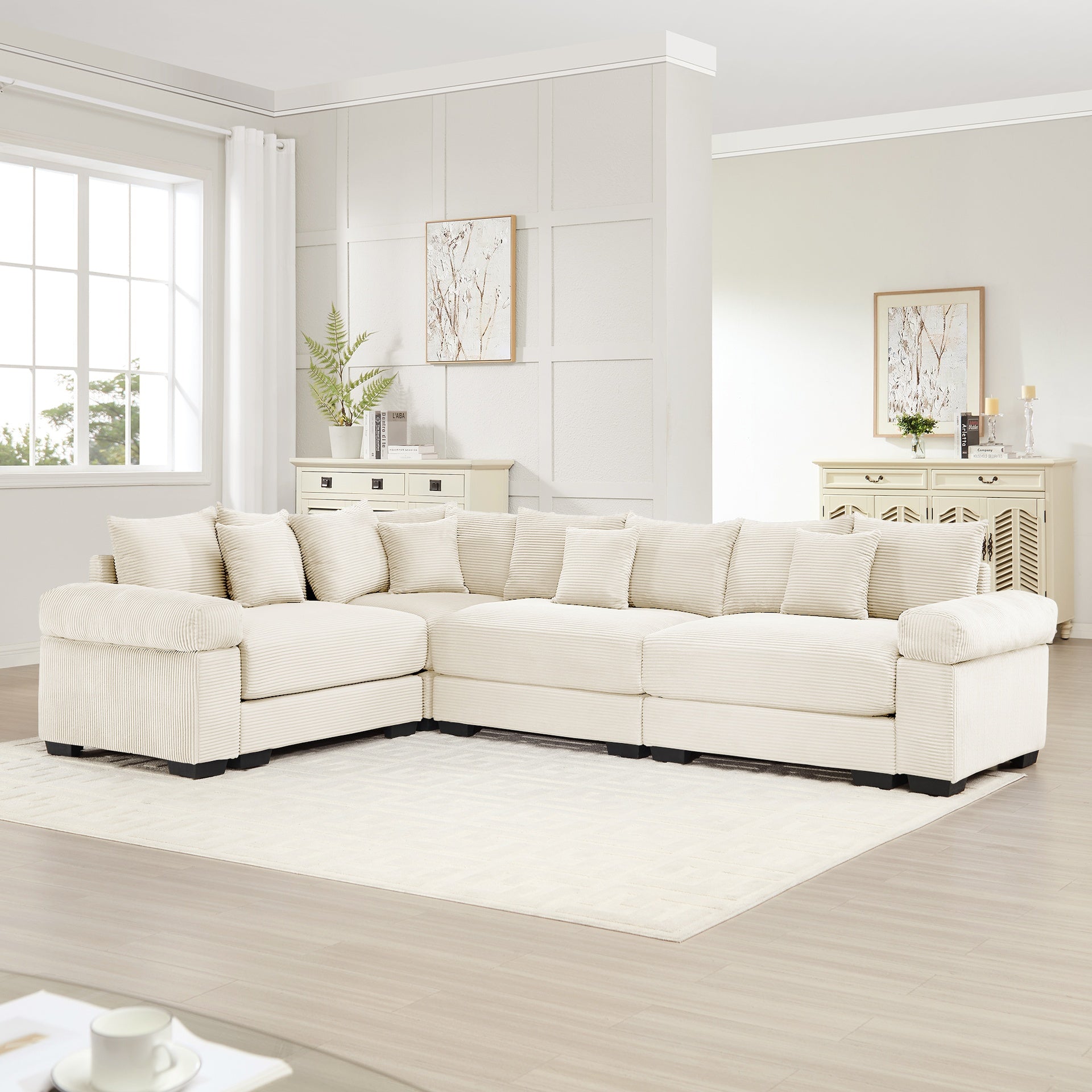 Oversized Cloud Modular Sectional Couch,Convertible Sectional Couches Deep Seat Extra-Wide Armrests,12 Throw Pillows Premium Corduroy Fabric, Ergonomic Design,Easy Assembly,For Living Rooms,Cream