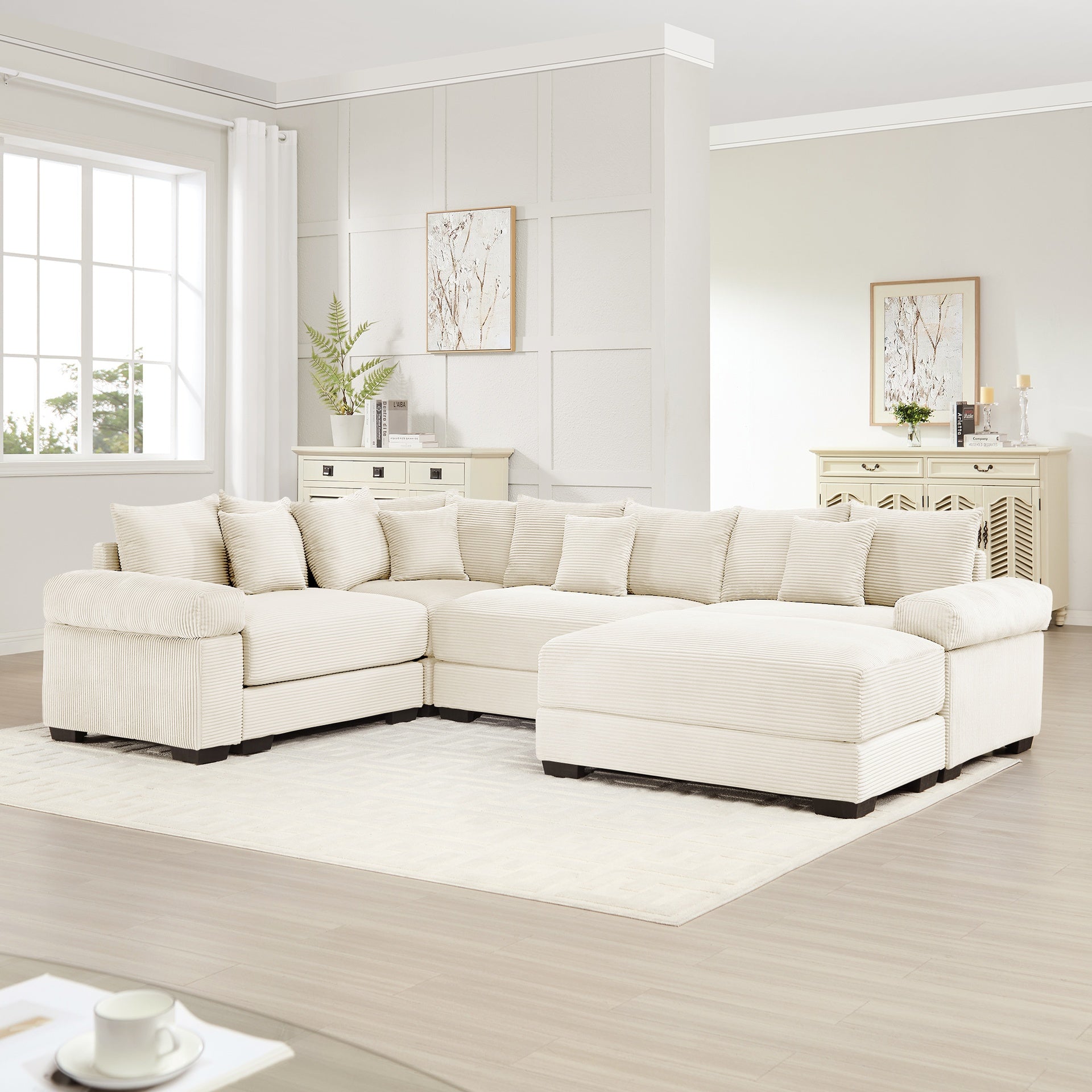 Oversized Cloud Modular Sectional Couch, Convertible Sectional Couches,Extra-Thick Armrests With An Ottoman,Premium Corduroy Fabric, Ergonomic Design, Easy Assembly, For Living Rooms Bedroom,Cream