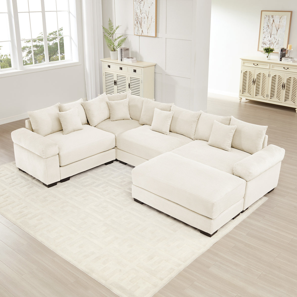 Oversized Cloud Modular Sectional Couch, Convertible Sectional Couches,Extra-Thick Armrests With An Ottoman,Premium Corduroy Fabric, Ergonomic Design, Easy Assembly, For Living Rooms Bedroom,Cream