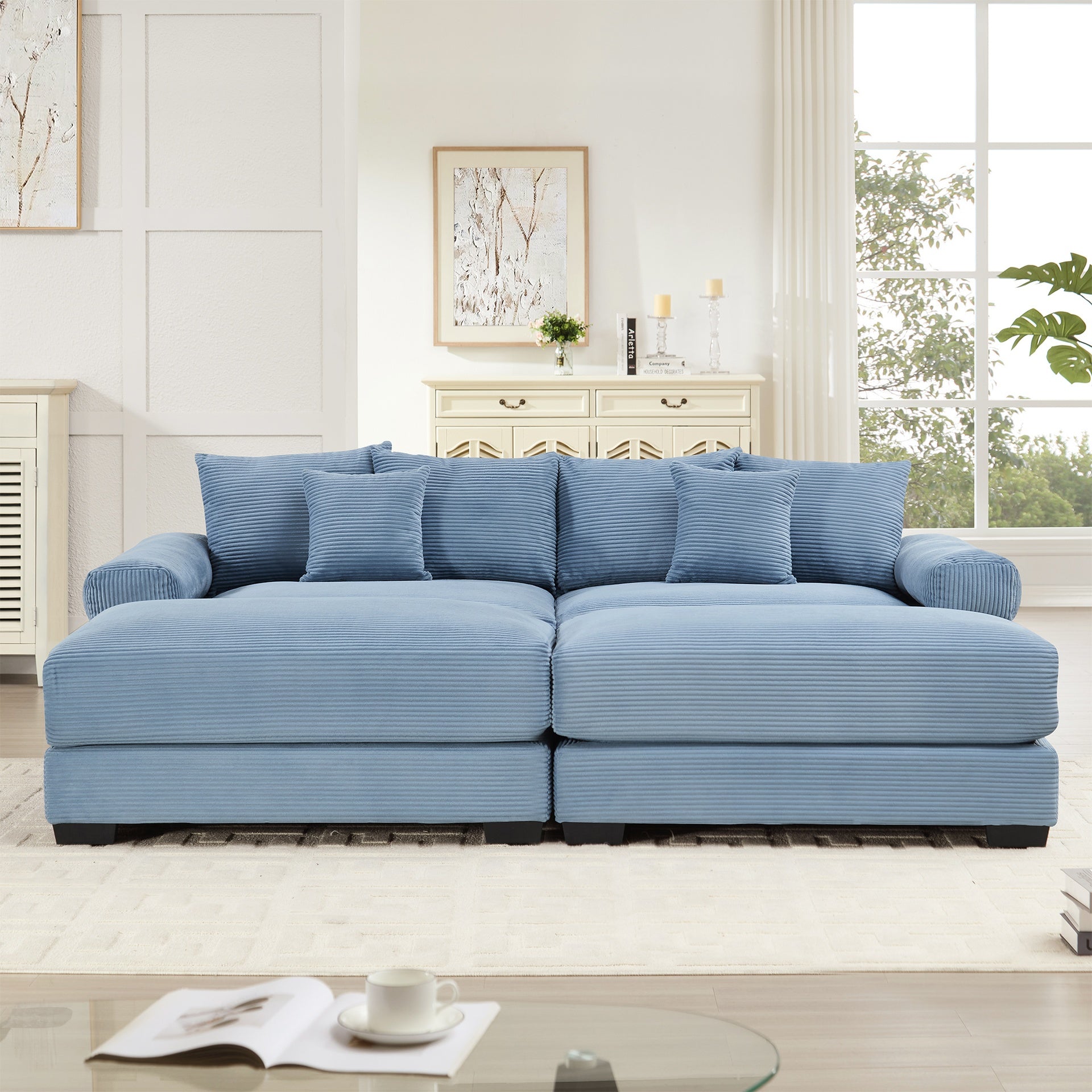 82.6"  Oversized Cloud Modular Sectional Couch, Soft Corduroy Fabric With An Ottoman,Deep Seat Wide Armrests, Ergonomic Design Easy Assembly,Soft Corduroy,For Living Rooms Lounges,Blue