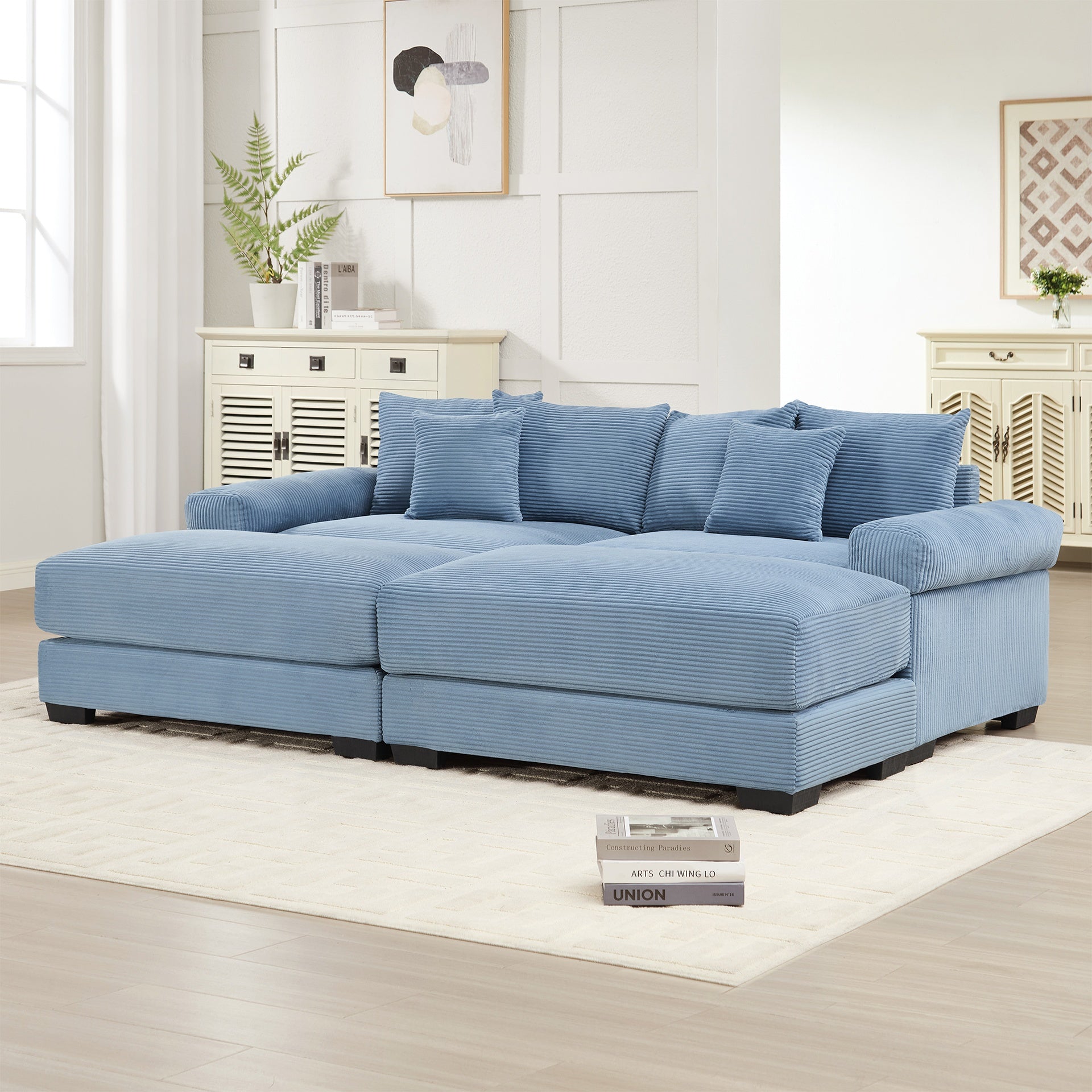 82.6"  Oversized Cloud Modular Sectional Couch, Soft Corduroy Fabric With An Ottoman,Deep Seat Wide Armrests, Ergonomic Design Easy Assembly,Soft Corduroy,For Living Rooms Lounges,Blue