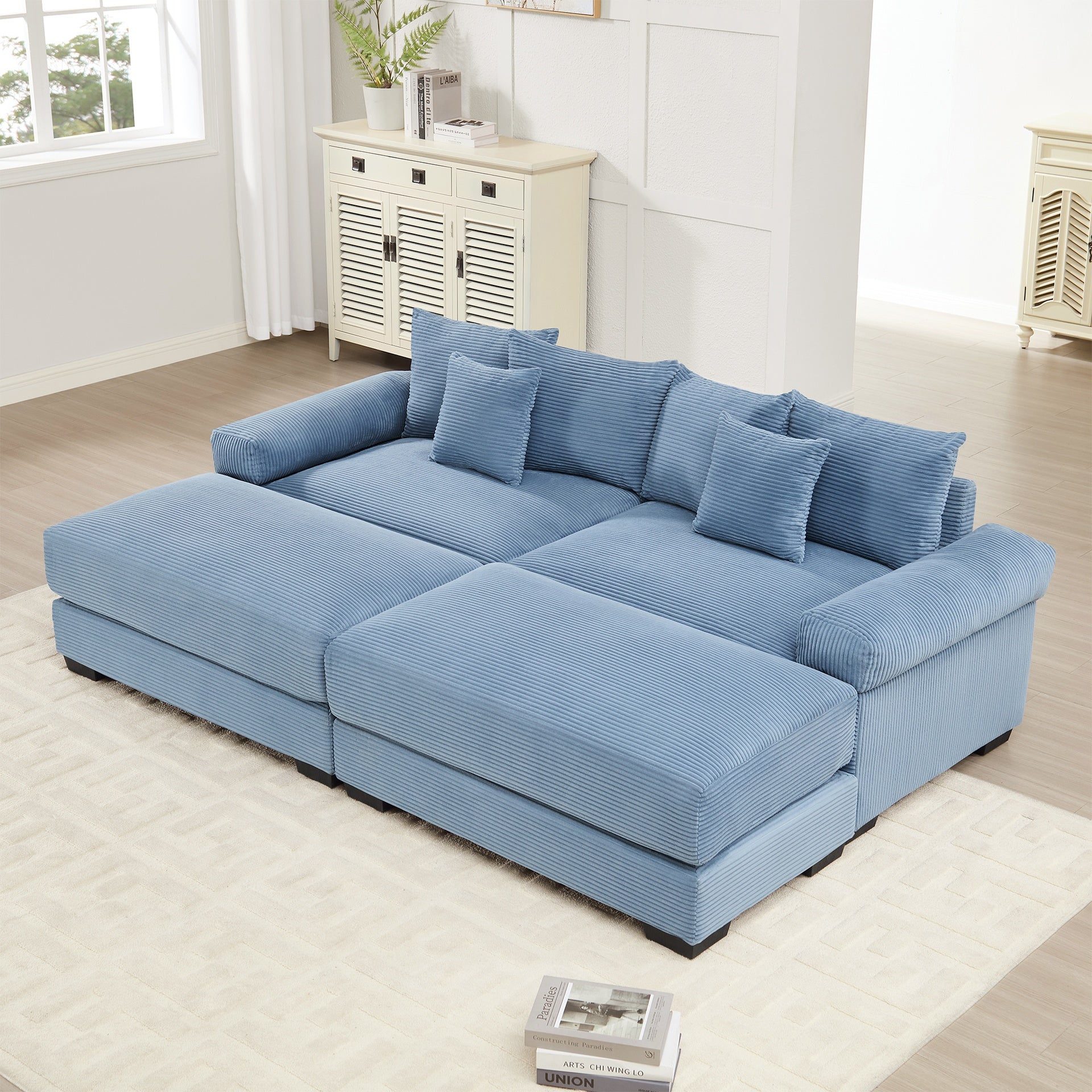 82.6"  Oversized Cloud Modular Sectional Couch, Soft Corduroy Fabric With An Ottoman,Deep Seat Wide Armrests, Ergonomic Design Easy Assembly,Soft Corduroy,For Living Rooms Lounges,Blue