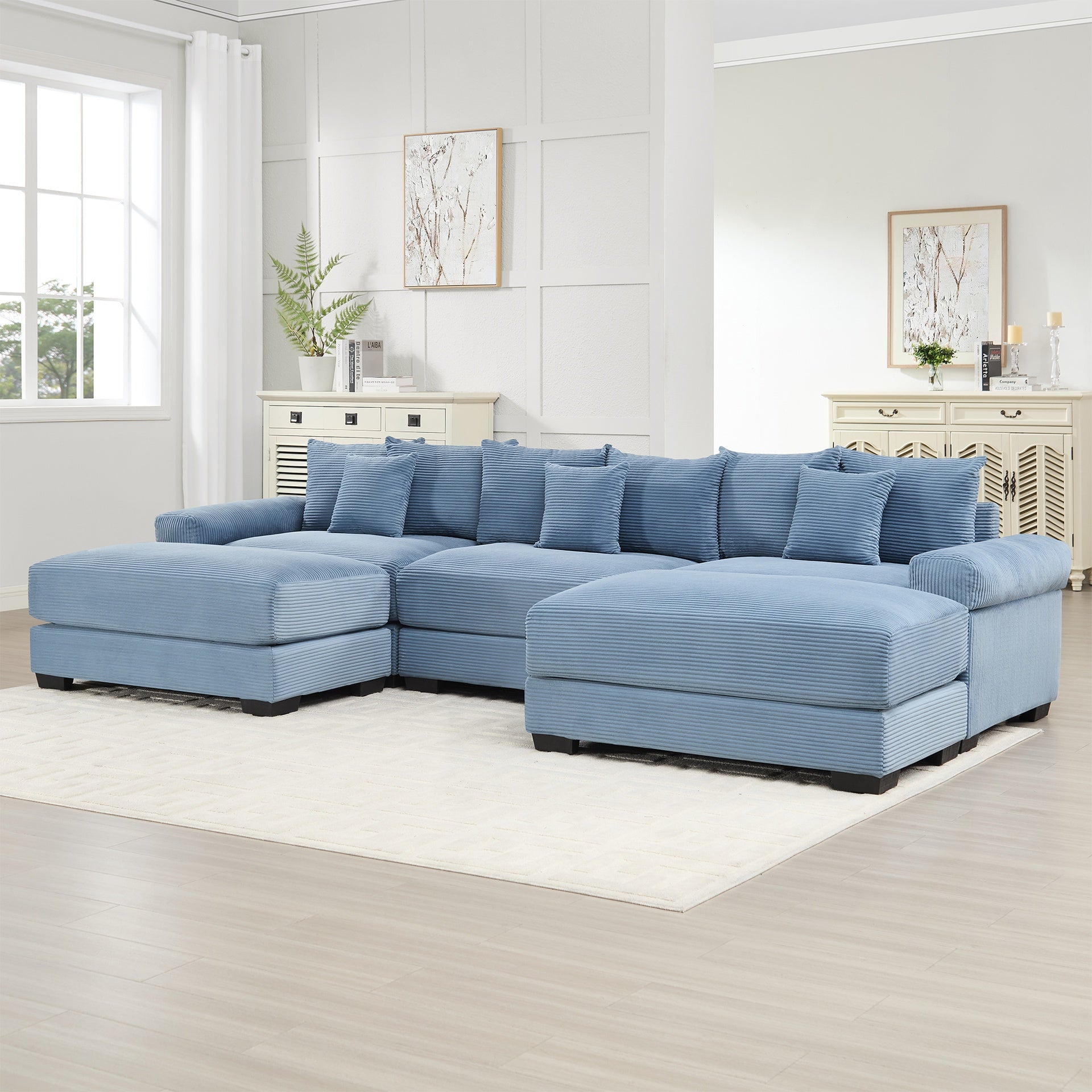 130" Oversized Cloud Modular Sectional Couch, Premium Corduroy Fabric,3-Seater Deep Seat Wide Armrests, With An Ottoman,Ergonomic Design, Easy Assembly For Lounges Living Room,Blue