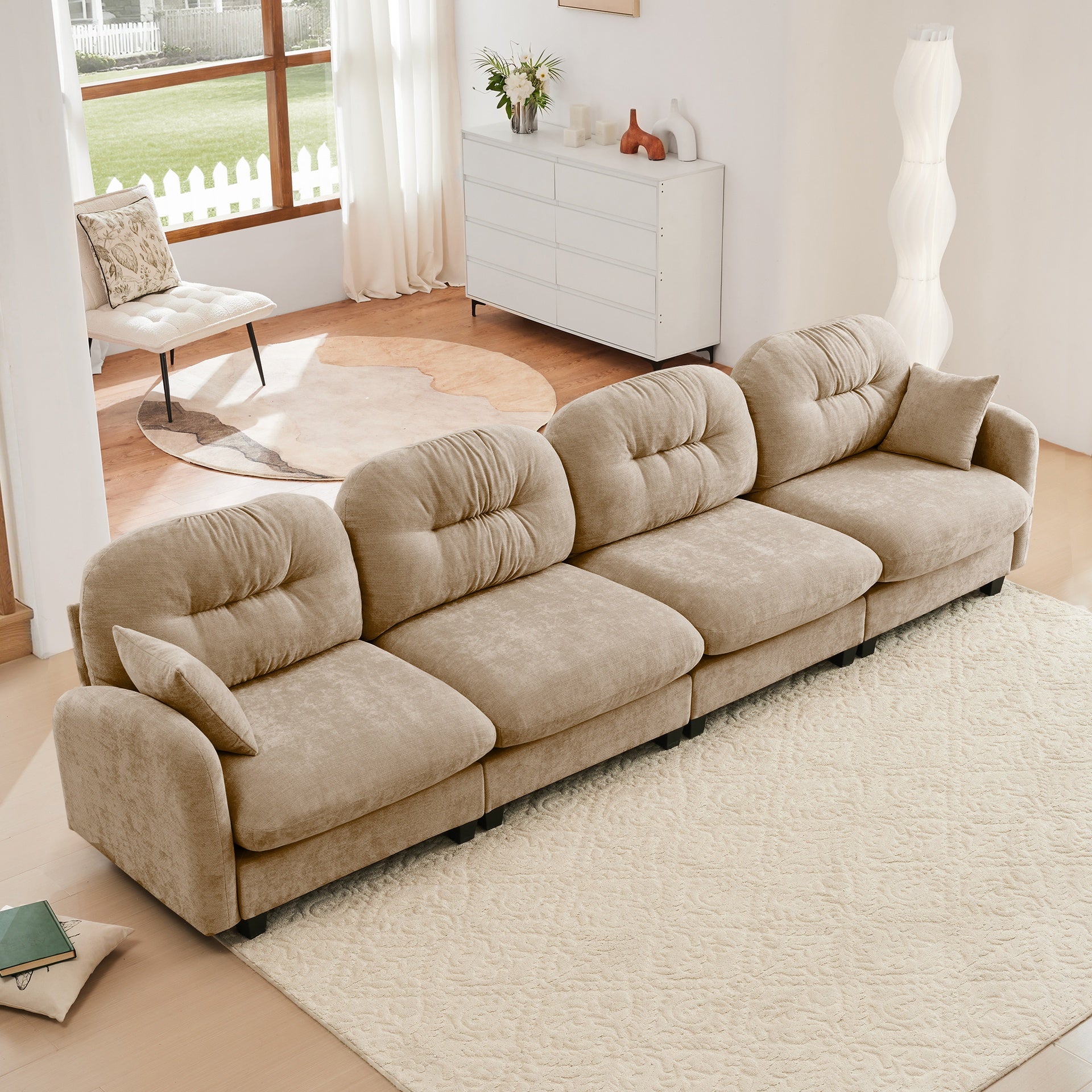 Four-Seater Modular Sectional Couch,Premium Chenille Fabric,With 2 Throw Pillows,Tufted Cushion Backrest Design,High-Density Foam Easy Install,Fits Bedrooms,Living Rooms, Reading Nooks,Camel