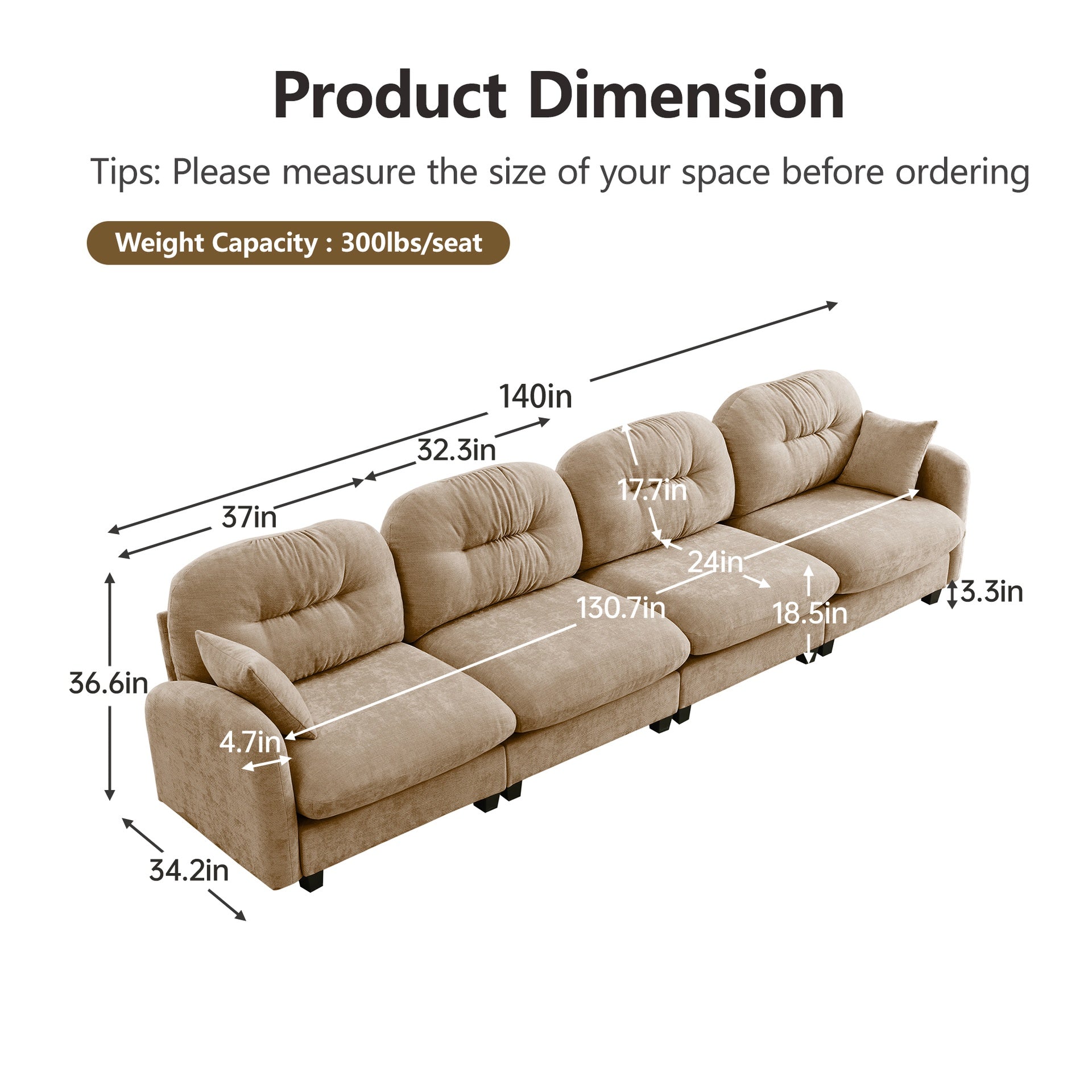 Four-Seater Modular Sectional Couch,Premium Chenille Fabric,With 2 Throw Pillows,Tufted Cushion Backrest Design,High-Density Foam Easy Install,Fits Bedrooms,Living Rooms, Reading Nooks,Camel