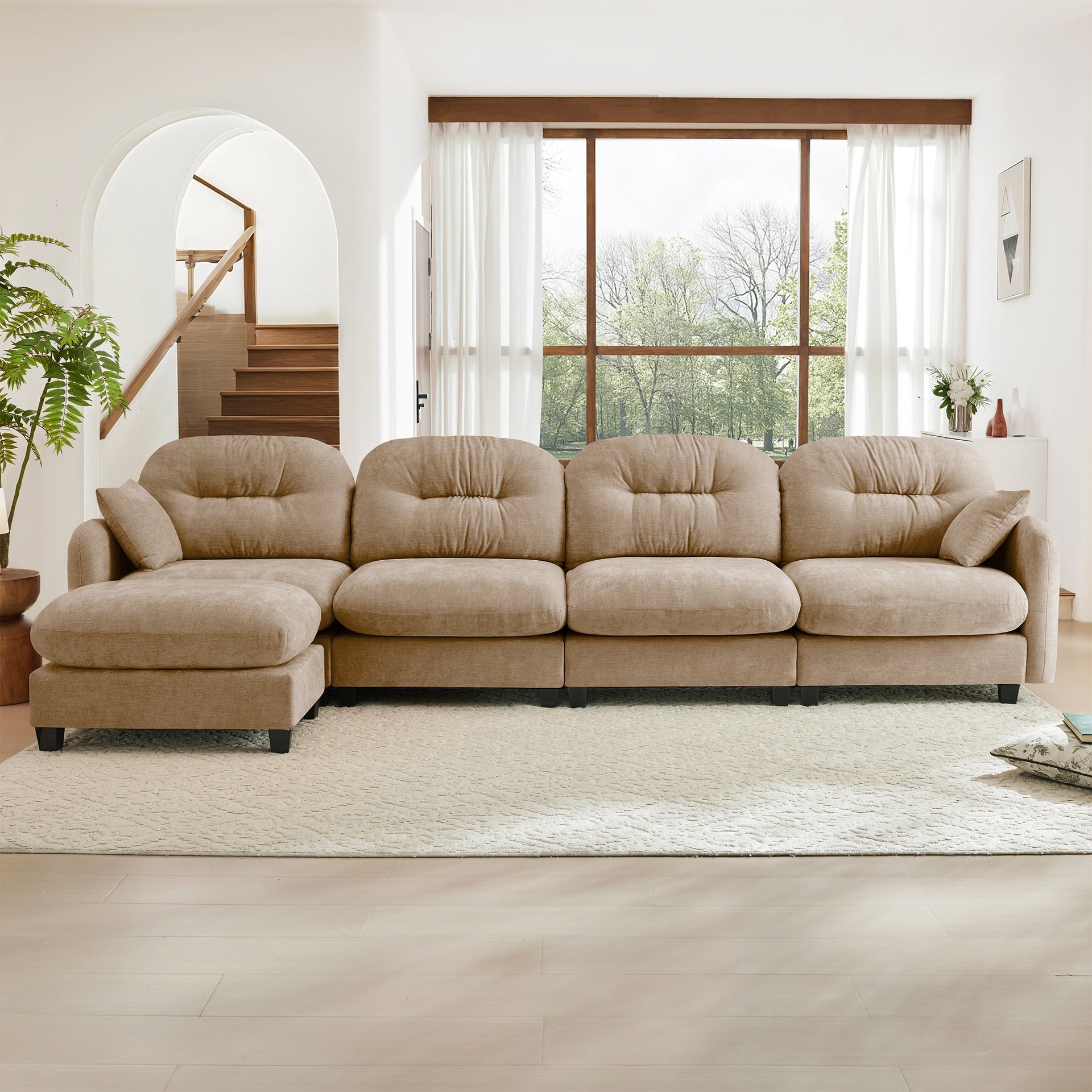 Modular Sectional L Shaped Couch With Ottoman,Soft Chenille Fabric,Ergonomic Design,Tufted Cushion Backrest Design,High Quality Wooden Base Easy Install,Fits Bedrooms Living Rooms Reading Nooks,Camel