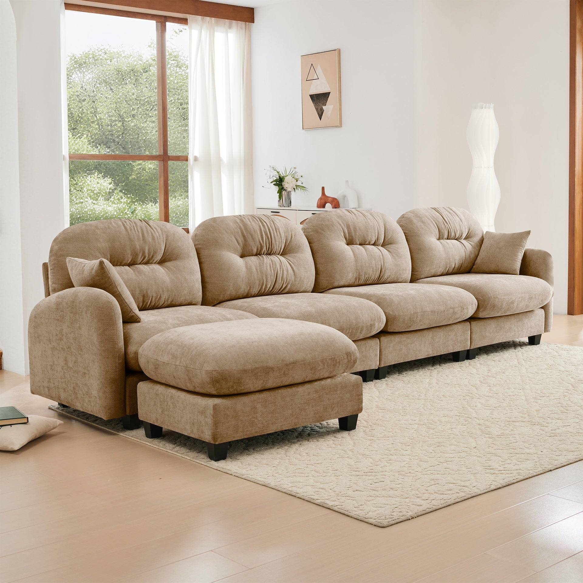 Modular Sectional L Shaped Couch With Ottoman,Soft Chenille Fabric,Ergonomic Design,Tufted Cushion Backrest Design,High Quality Wooden Base Easy Install,Fits Bedrooms Living Rooms Reading Nooks,Camel