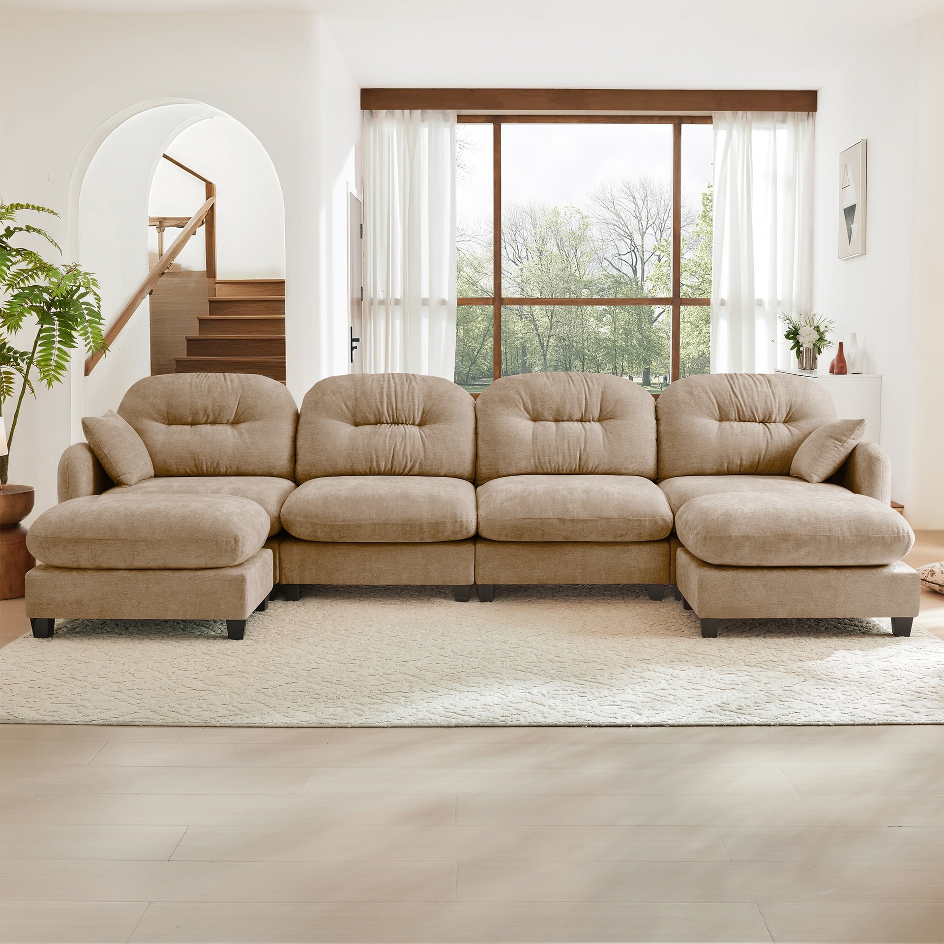 Modular Sectional U Shaped Couch With Ottoman,Soft Chenille Fabric Tufted Cushion Backrest Design,High-Density Foam Ergonomic design,Elegant Armrests,Easy Install Fits Bedrooms Living Rooms ,Camel