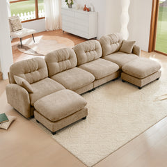 Modular Sectional U Shaped Couch With Ottoman,Soft Chenille Fabric Tufted Cushion Backrest Design,High-Density Foam Ergonomic design,Elegant Armrests,Easy Install Fits Bedrooms Living Rooms ,Camel