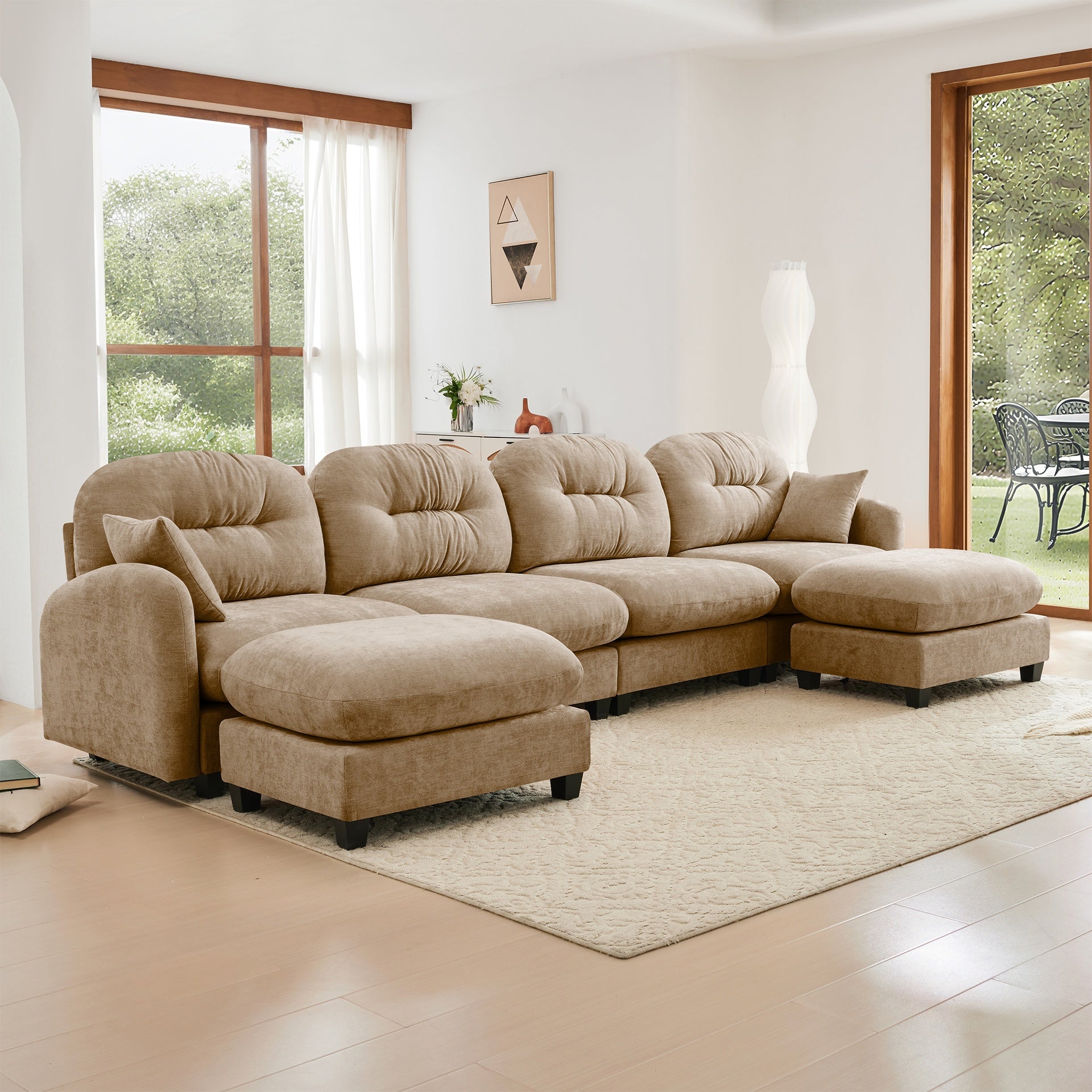 Modular Sectional U Shaped Couch With Ottoman,Soft Chenille Fabric Tufted Cushion Backrest Design,High-Density Foam Ergonomic design,Elegant Armrests,Easy Install Fits Bedrooms Living Rooms ,Camel