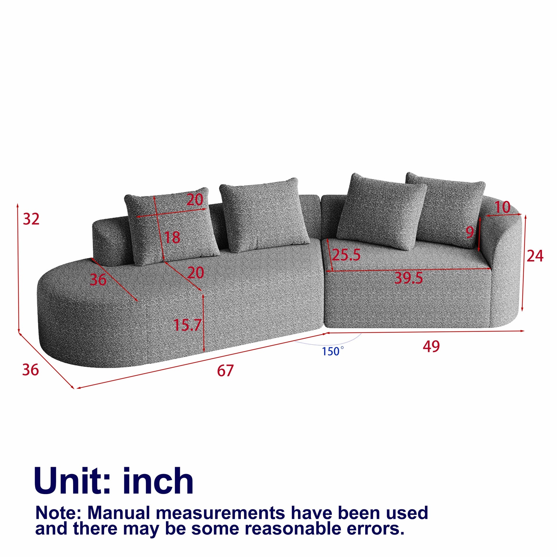 Modern Upholstered Oversized Sectional Sofa, 112-Inch Chenille 4-Seater Extra Deep & Wide Seat Curved Cloud Couch with 4 Throw Pillows, Free Combination Sofa Couch for Living Room,Bedroom