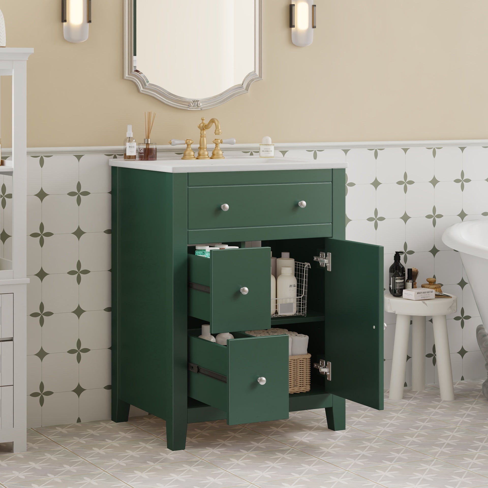 24" Modern Bathroom Vanity with Ceramic Basin, Restroom Basin Cabinet with 2 Drawers, Small Bathroom Cabinet with Soft-Closing Door