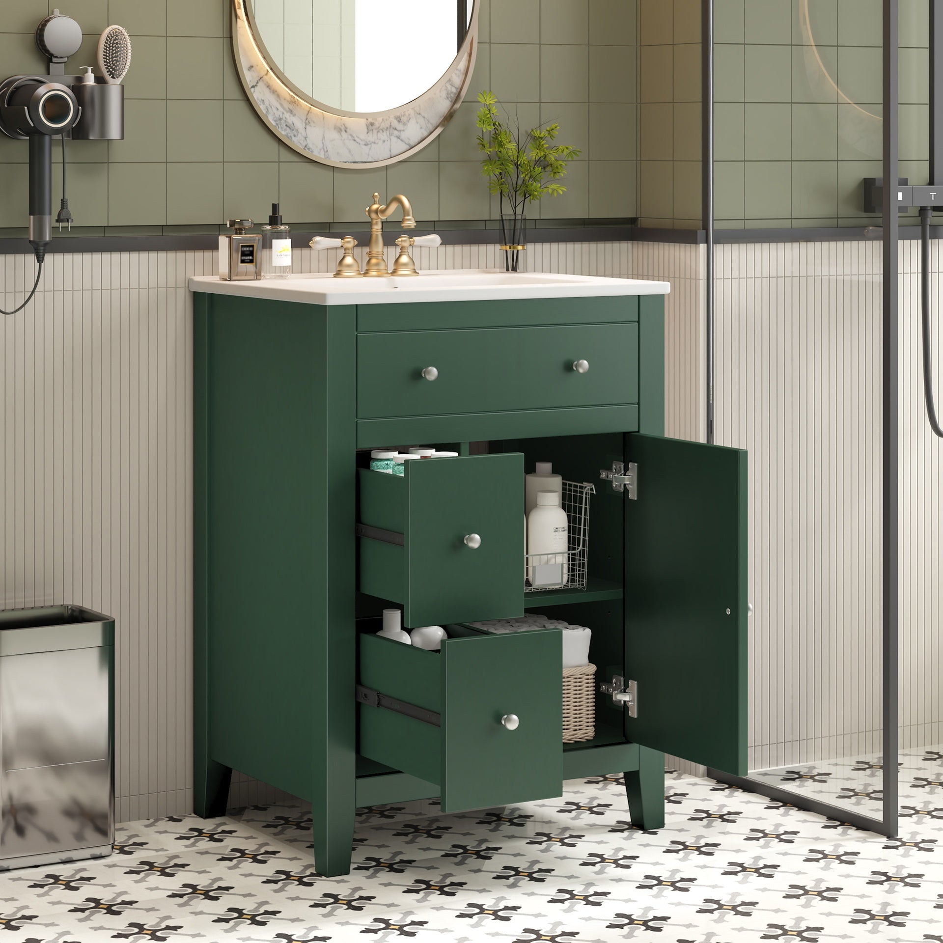 24" Modern Bathroom Vanity with Ceramic Basin, Restroom Basin Cabinet with 2 Drawers, Small Bathroom Cabinet with Soft-Closing Door