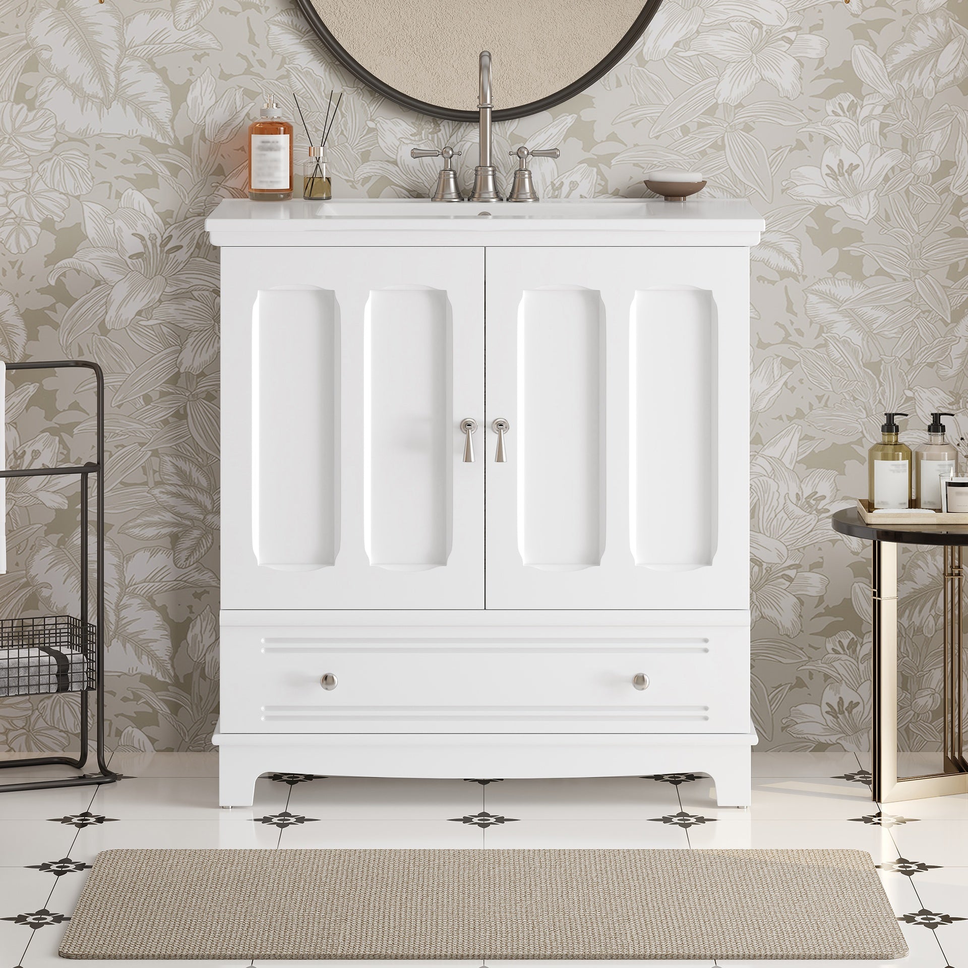 30" Bathroom Vanity with Ceramic Sink, Solid Wood Frame Bathroom Sink Cabinet with Adjustable Shelf, Drawer with Divider, Solid Wood Feet