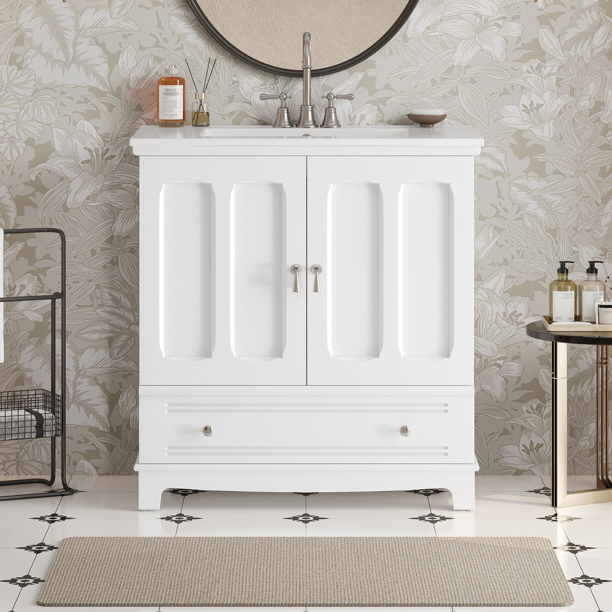 30" Bathroom Vanity with Ceramic Sink, Solid Wood Frame Bathroom Sink Cabinet with Adjustable Shelf, Drawer with Divider, Solid Wood Feet