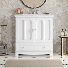 30" Bathroom Vanity with Ceramic Sink, Solid Wood Frame Bathroom Sink Cabinet with Adjustable Shelf, Drawer with Divider, Solid Wood Feet